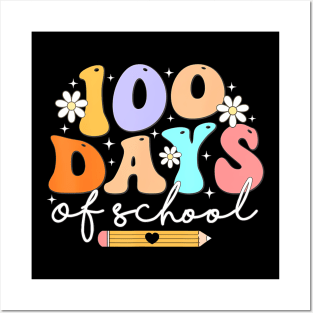 Teacher Kids Retro Groovy 100 Days  100th Day Of School Posters and Art